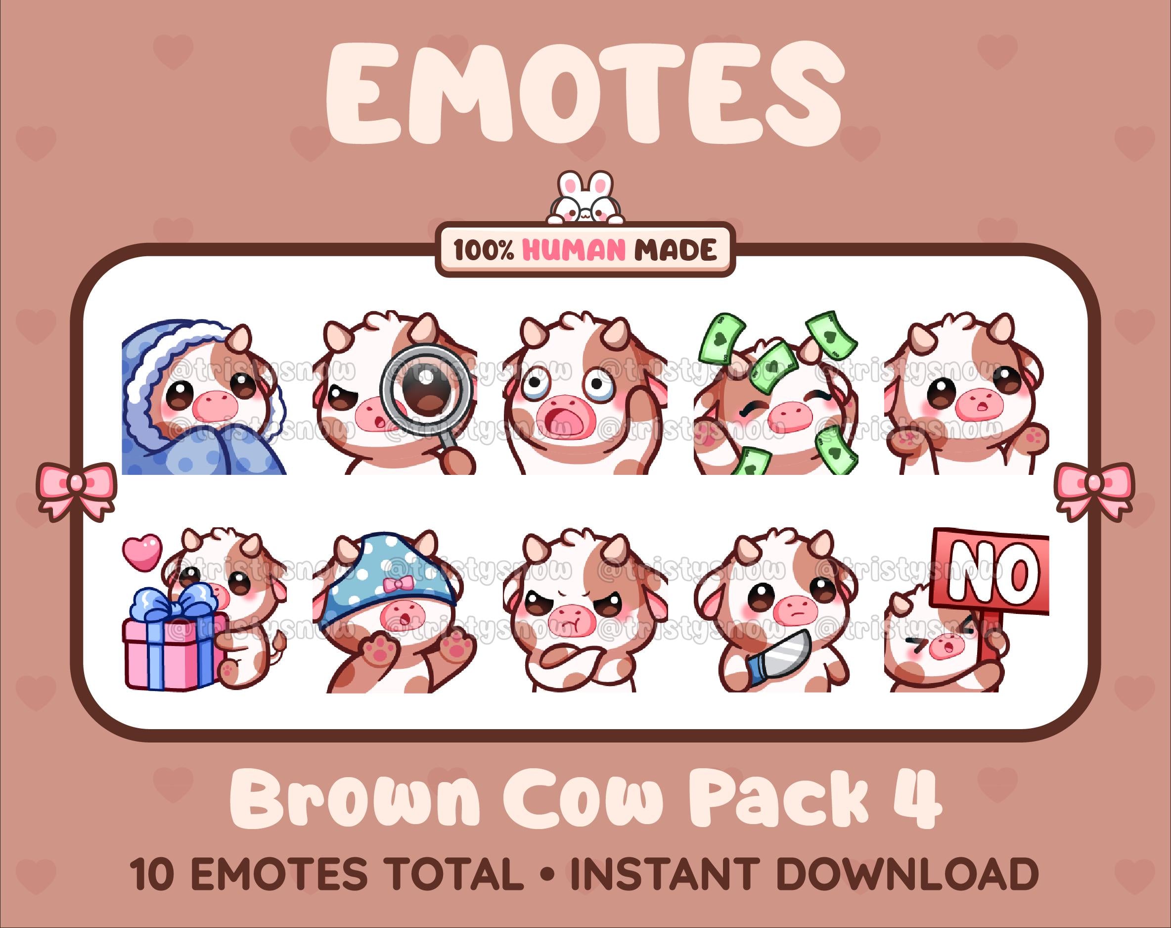 Brown Cow Twitch emote pack featuring 10 emotes including cozy, sus, panic, and shrug.