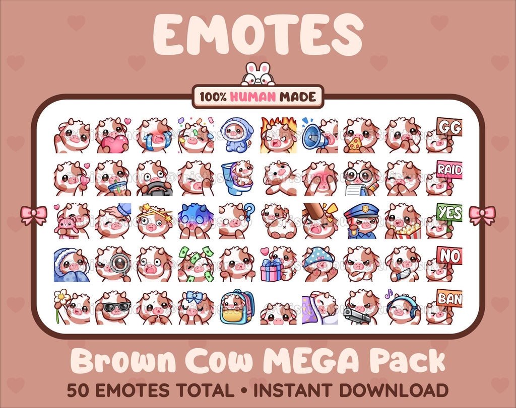 Brown Cow Twitch emote mega pack featuring 50 emotes including hype, kiss, raid, and lurk.