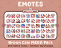 Brown Cow Twitch emote mega pack featuring 50 emotes including hype, kiss, raid, and lurk.