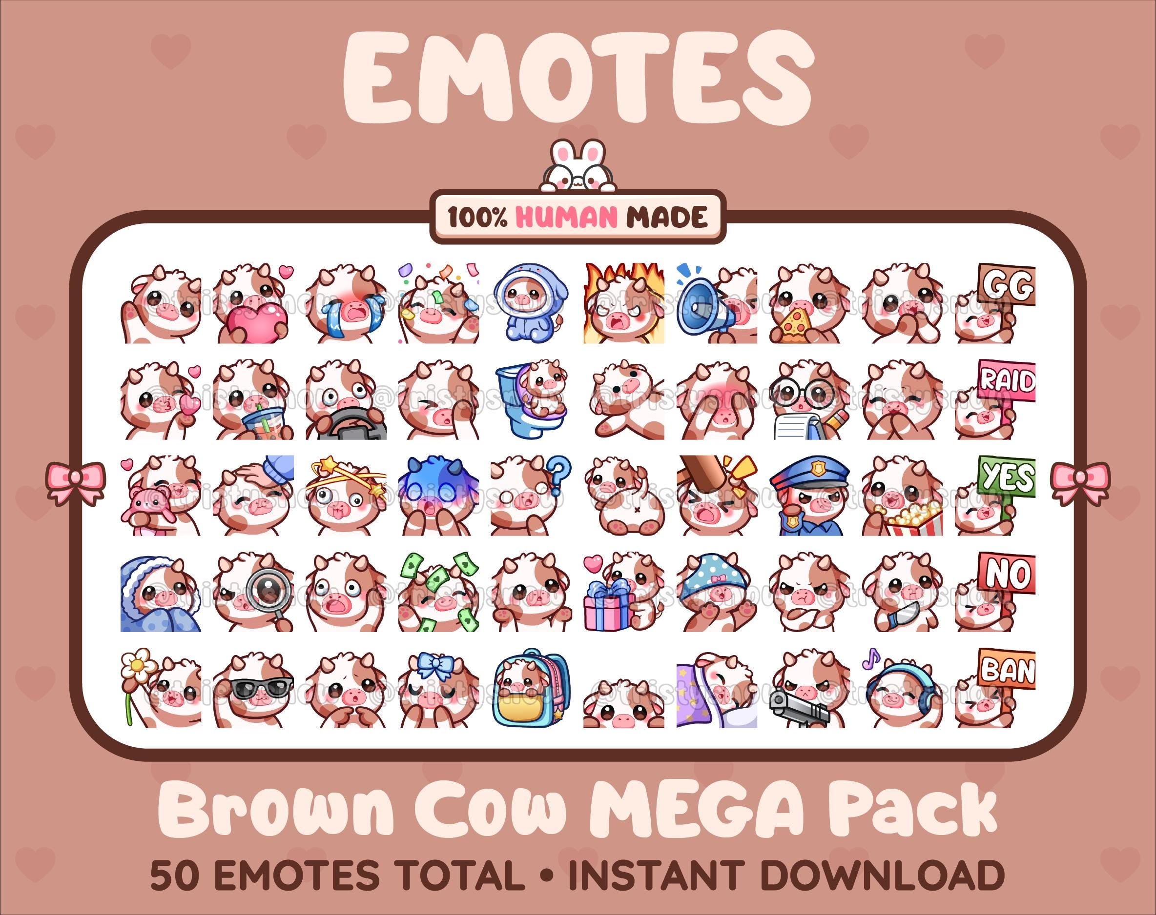 Brown Cow Twitch emote mega pack featuring 50 emotes including hype, kiss, raid, and lurk.