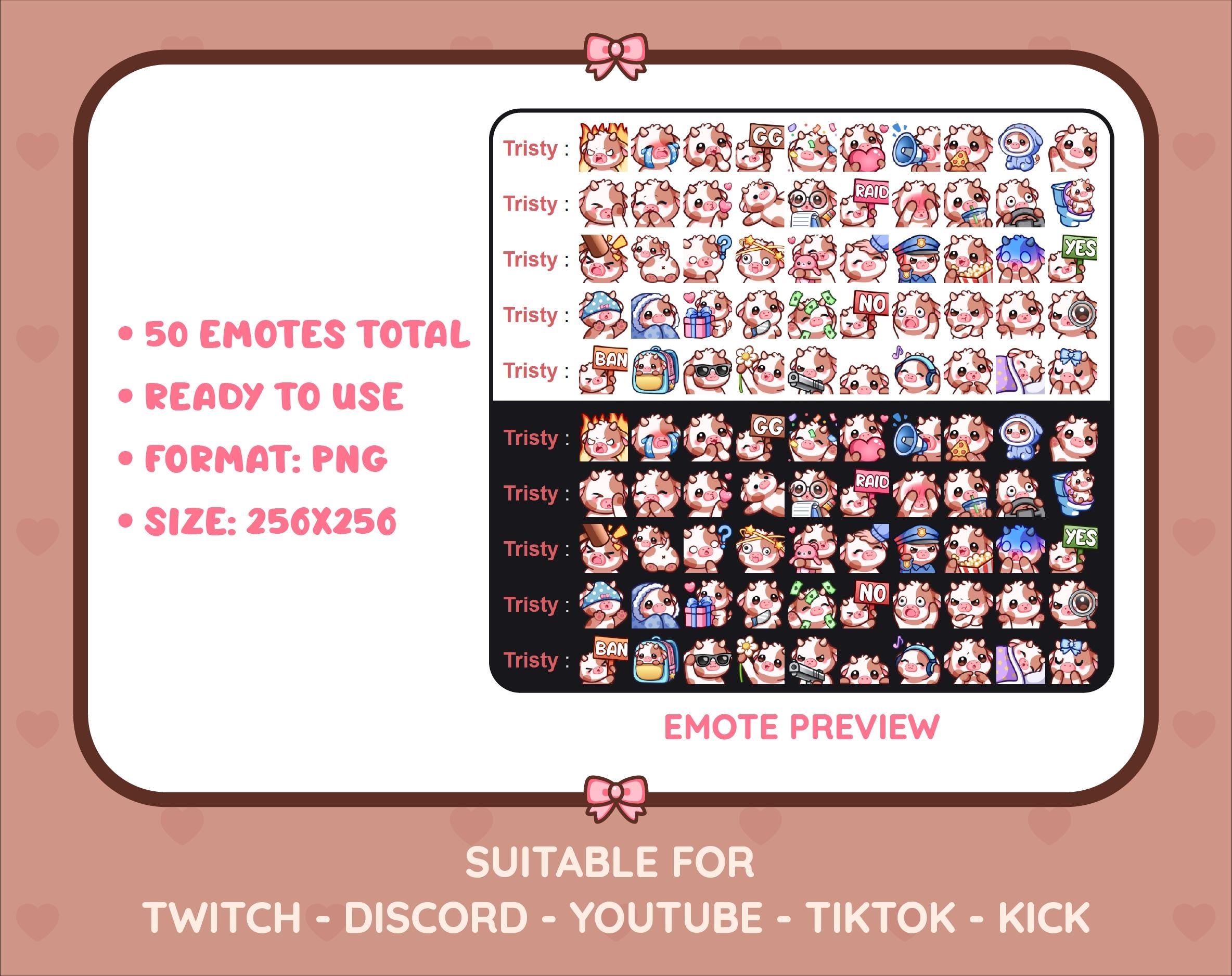 Brown Cow Twitch emote mega pack preview displaying all 50 emotes with format and size information.