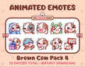 Brown Cow animated Twitch emote pack featuring 10 emotes including cozy, sus, panic, and shrug.