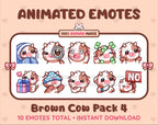Brown Cow animated Twitch emote pack featuring 10 emotes including cozy, sus, panic, and shrug.