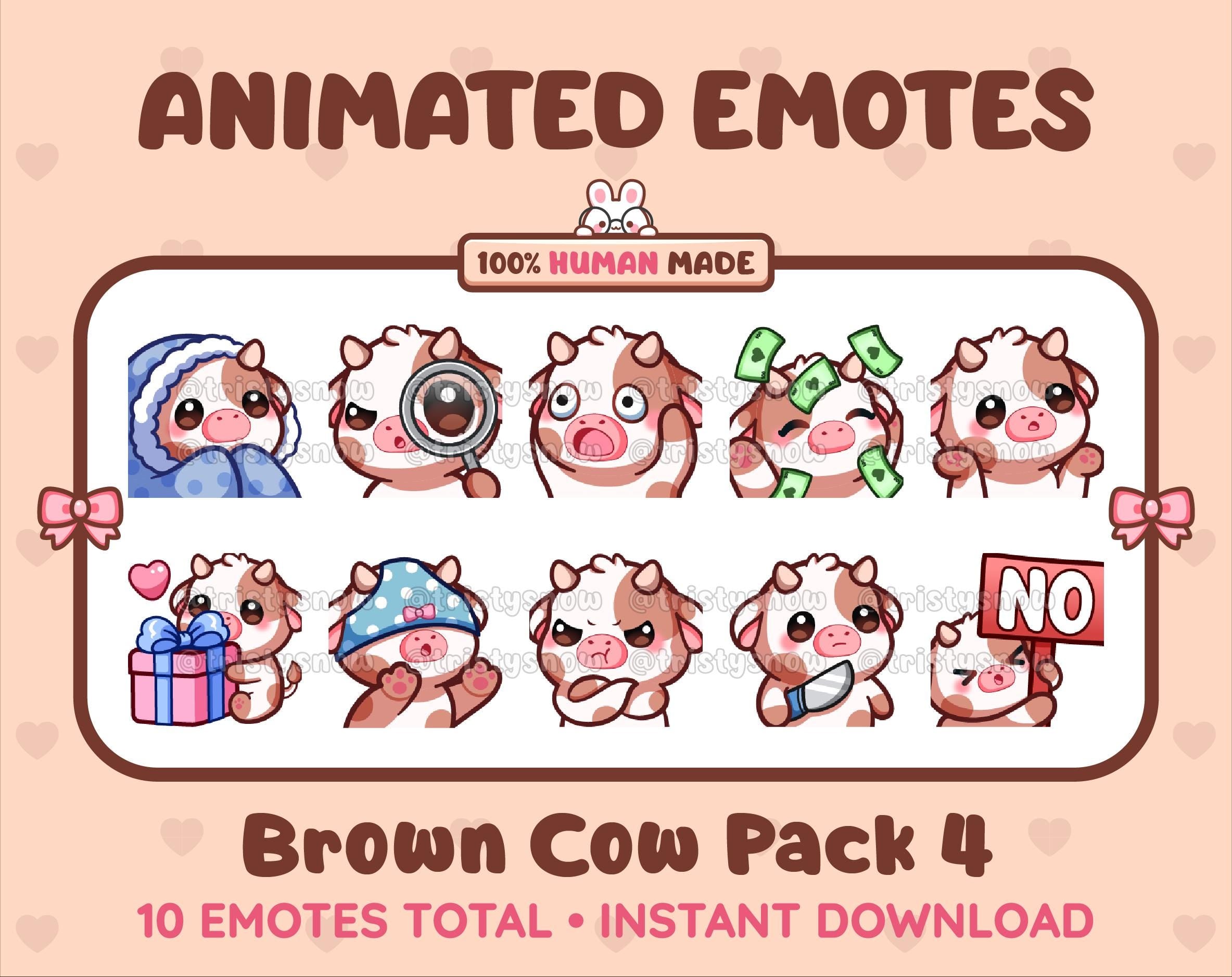 Brown Cow animated Twitch emote pack featuring 10 emotes including cozy, sus, panic, and shrug.