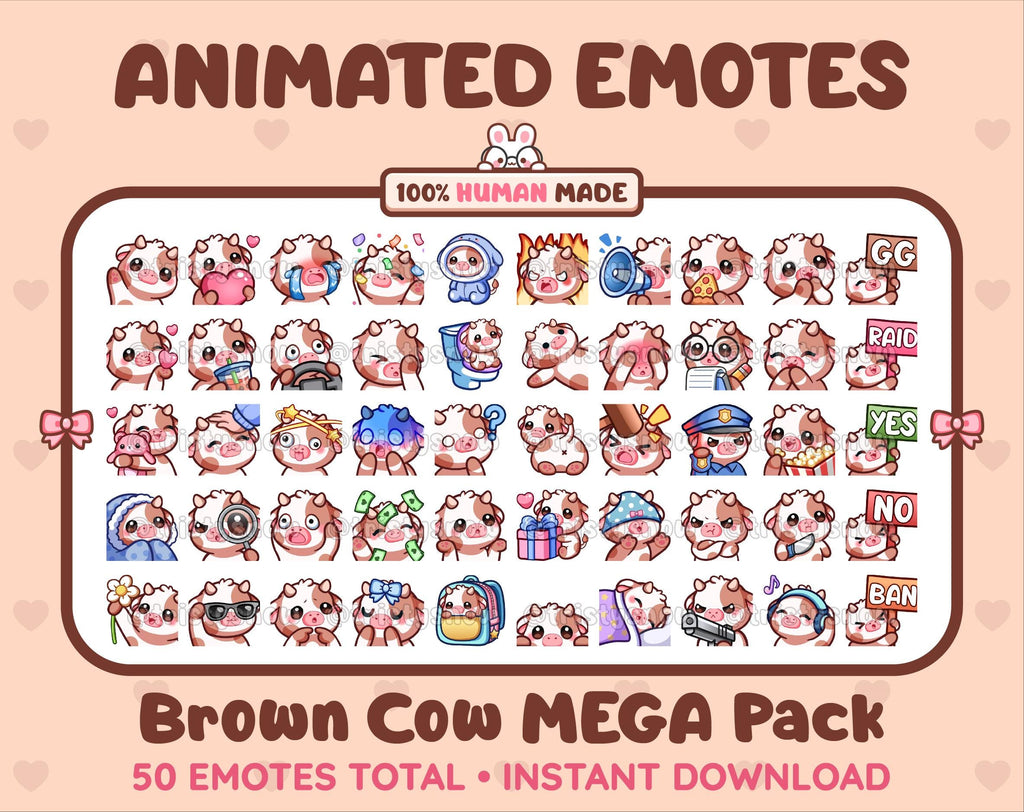 Brown Cow animated Twitch emote mega pack featuring 50 emotes including hype, kiss, raid, and lurk.