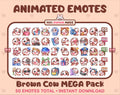 Brown Cow animated Twitch emote mega pack featuring 50 emotes including hype, kiss, raid, and lurk.