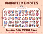 Brown Cow animated Twitch emote mega pack featuring 50 emotes including hype, kiss, raid, and lurk.