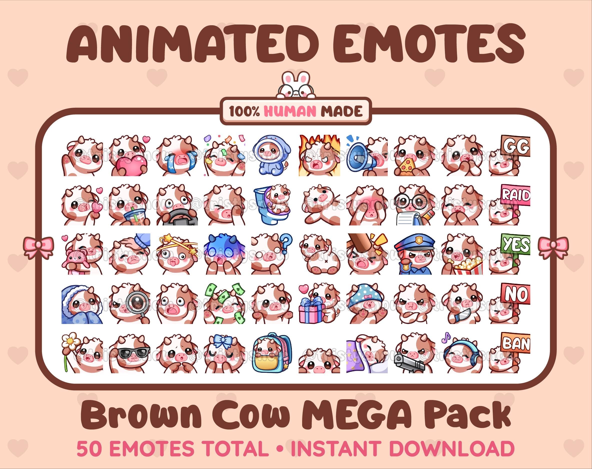 Brown Cow animated Twitch emote mega pack featuring 50 emotes including hype, kiss, raid, and lurk.