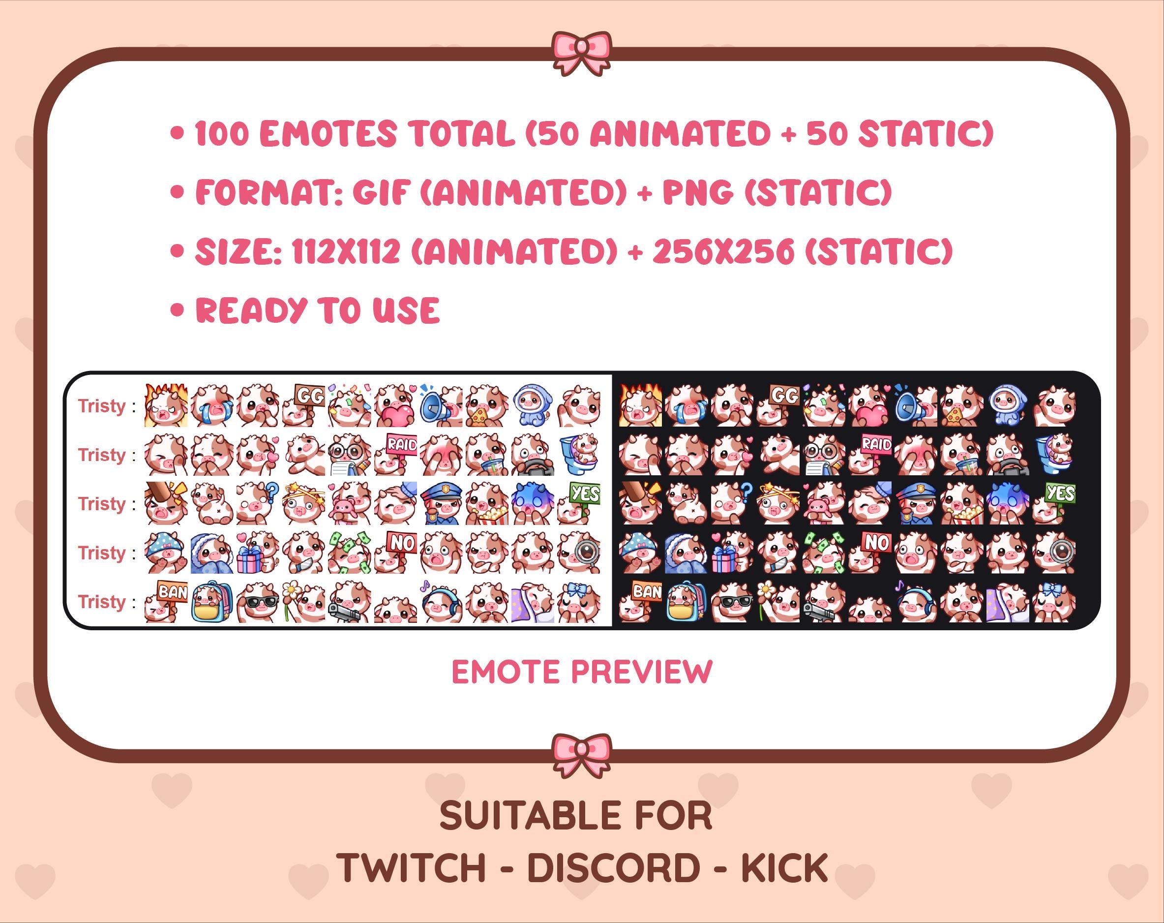Brown Cow animated Twitch emote mega pack preview displaying all 50 emotes with format and size information.