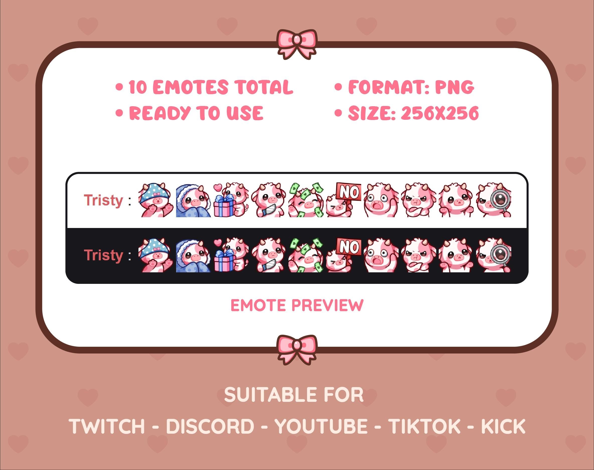 Pink Cow Twitch emote pack preview displaying all 10 emotes with format and size information.