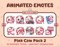 Pink Cow animated Twitch emote pack featuring 10 emotes including kiss, facepalm, shy, and raid.