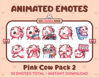 Pink Cow animated Twitch emote pack featuring 10 emotes including kiss, facepalm, shy, and raid.