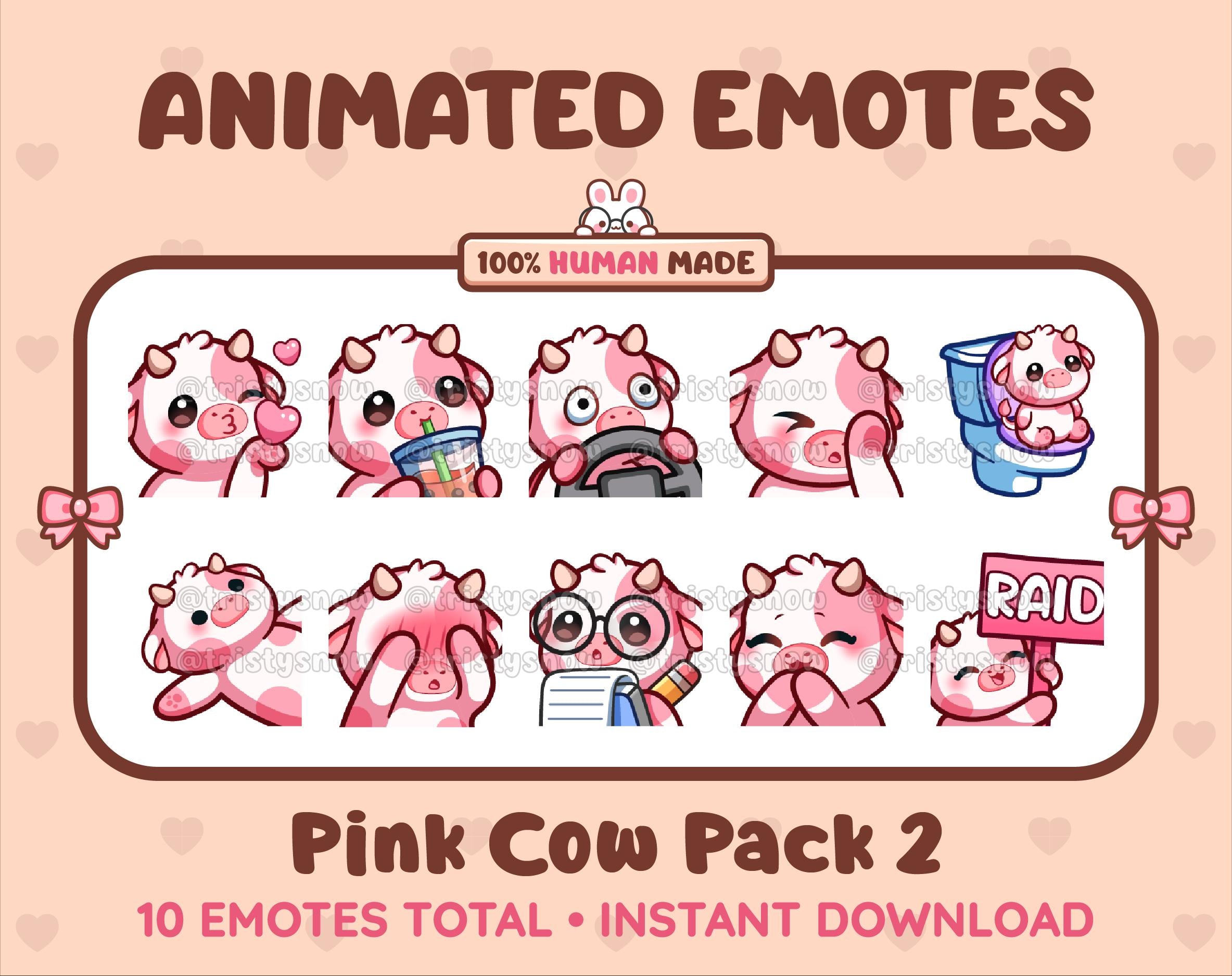 Pink Cow animated Twitch emote pack featuring 10 emotes including kiss, facepalm, shy, and raid.