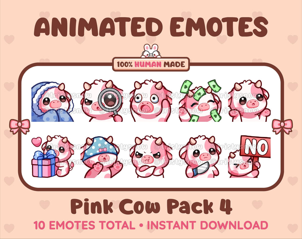 Pink Cow animated Twitch emote pack featuring 10 emotes including cozy, sus, panic, and shrug.