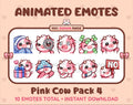 Pink Cow animated Twitch emote pack featuring 10 emotes including cozy, sus, panic, and shrug.