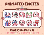 Pink Cow animated Twitch emote pack featuring 10 emotes including cozy, sus, panic, and shrug.