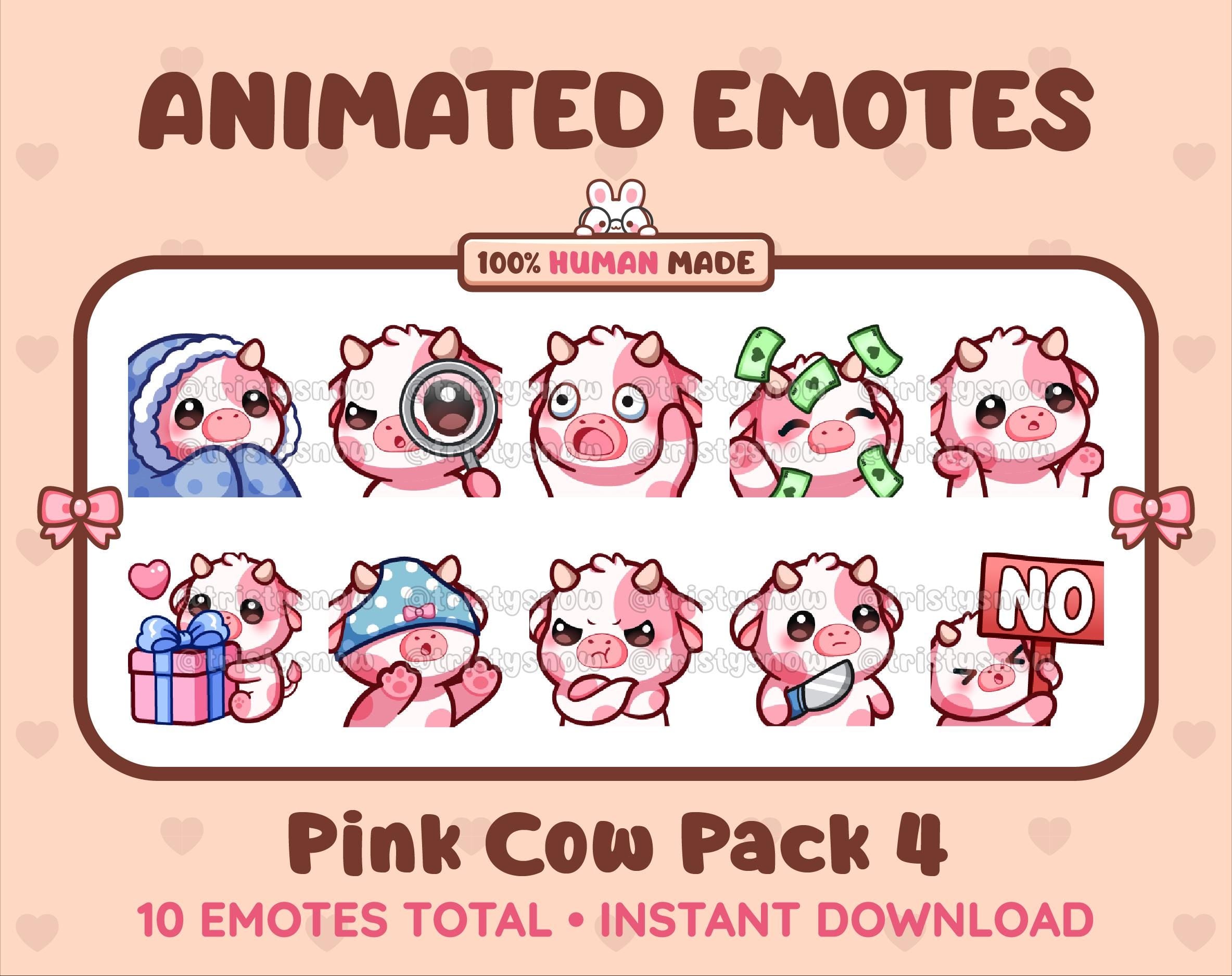 Pink Cow animated Twitch emote pack featuring 10 emotes including cozy, sus, panic, and shrug.