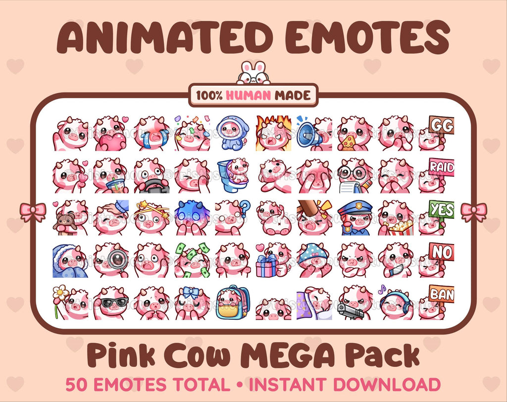 Pink Cow animated Twitch emote mega pack featuring 50 emotes including hype, kiss, raid, and lurk.
