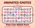 Pink Cow animated Twitch emote mega pack featuring 50 emotes including hype, kiss, raid, and lurk.