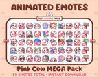 Pink Cow animated Twitch emote mega pack featuring 50 emotes including hype, kiss, raid, and lurk.
