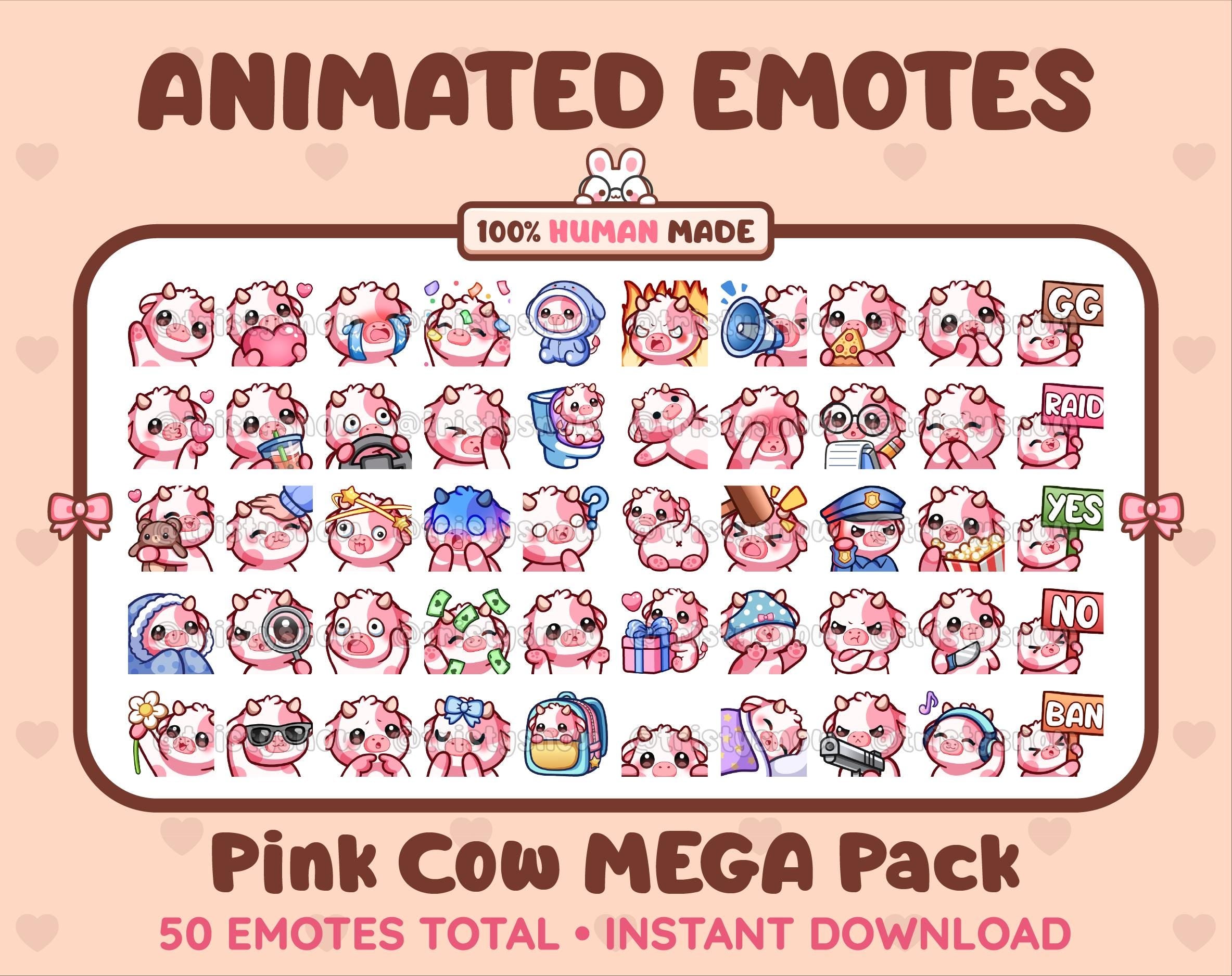 Pink Cow animated Twitch emote mega pack featuring 50 emotes including hype, kiss, raid, and lurk.