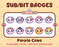 Purple Cow Twitch sub badge pack featuring 10 subscriber badges with progressive addon elements.