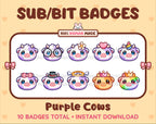 Purple Cow Twitch sub badge pack featuring 10 subscriber badges with progressive addon elements.