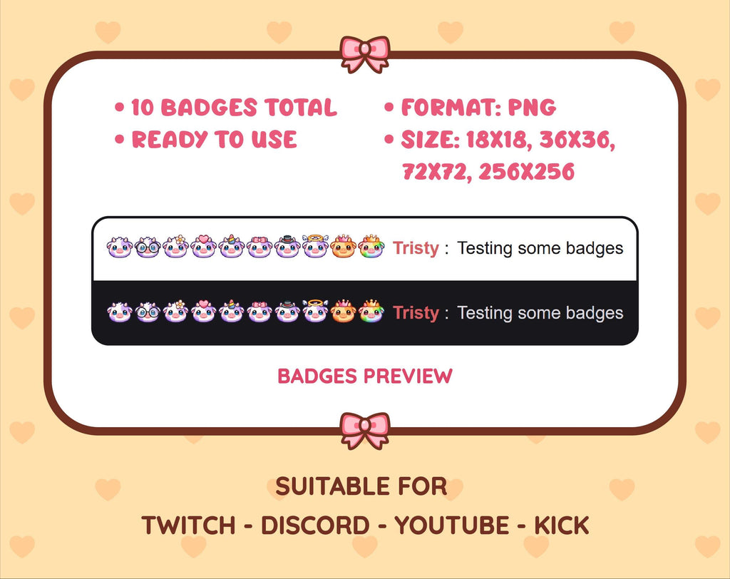 Purple Cow Twitch sub badge pack preview displaying all 10 subscriber badges with format and size information.