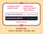 Purple Cow Twitch sub badge pack preview displaying all 10 subscriber badges with format and size information.