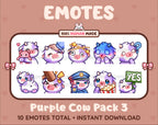 Purple Cow Twitch emote pack featuring 10 emotes including hug, scared, bonk, and popcorn.