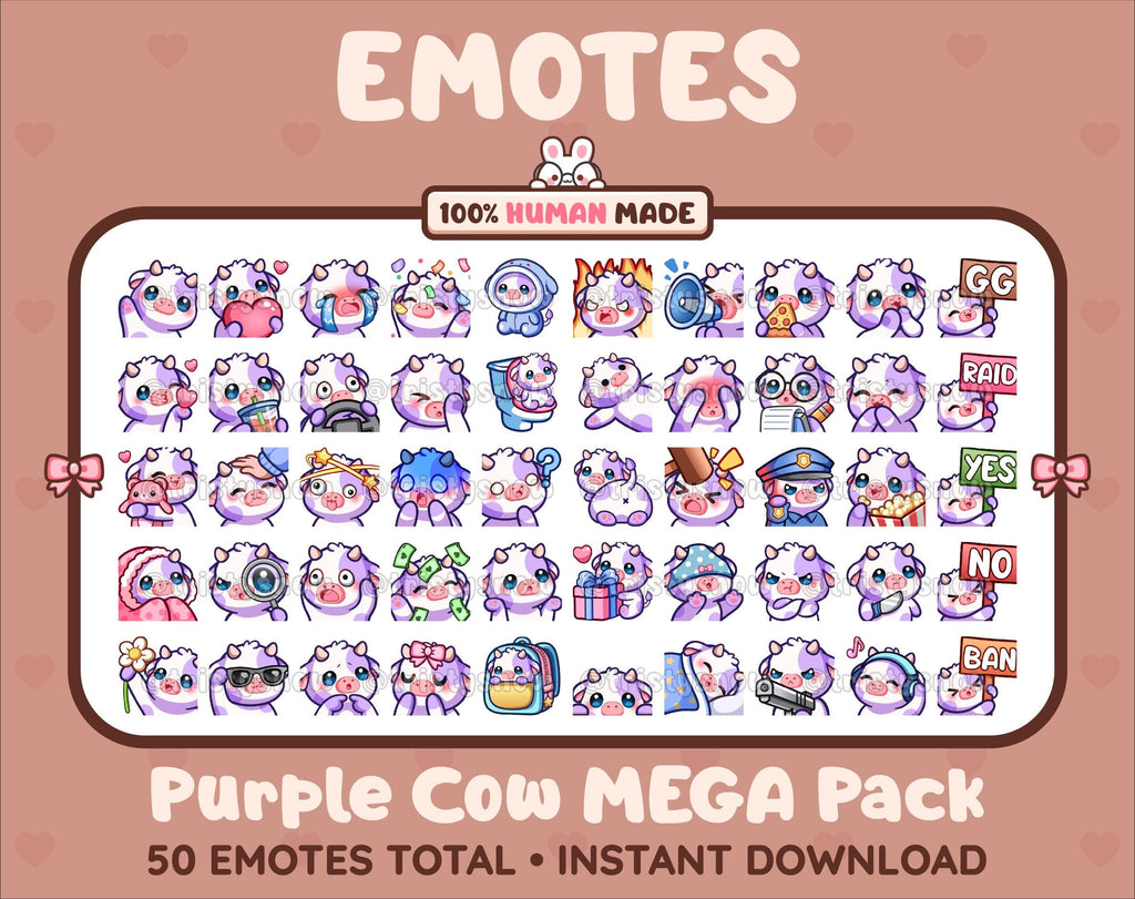 Purple Cow Twitch emote mega pack featuring 50 emotes including hype, kiss, raid, and lurk.