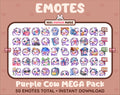 Purple Cow Twitch emote mega pack featuring 50 emotes including hype, kiss, raid, and lurk.