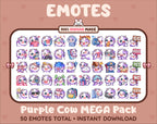 Purple Cow Twitch emote mega pack featuring 50 emotes including hype, kiss, raid, and lurk.