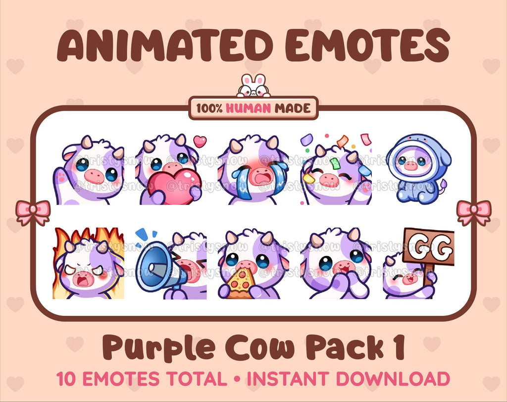 Purple Cow animated Twitch emote pack featuring 10 emotes including GG, angry, cry, and hype.