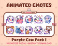 Purple Cow animated Twitch emote pack featuring 10 emotes including GG, angry, cry, and hype.