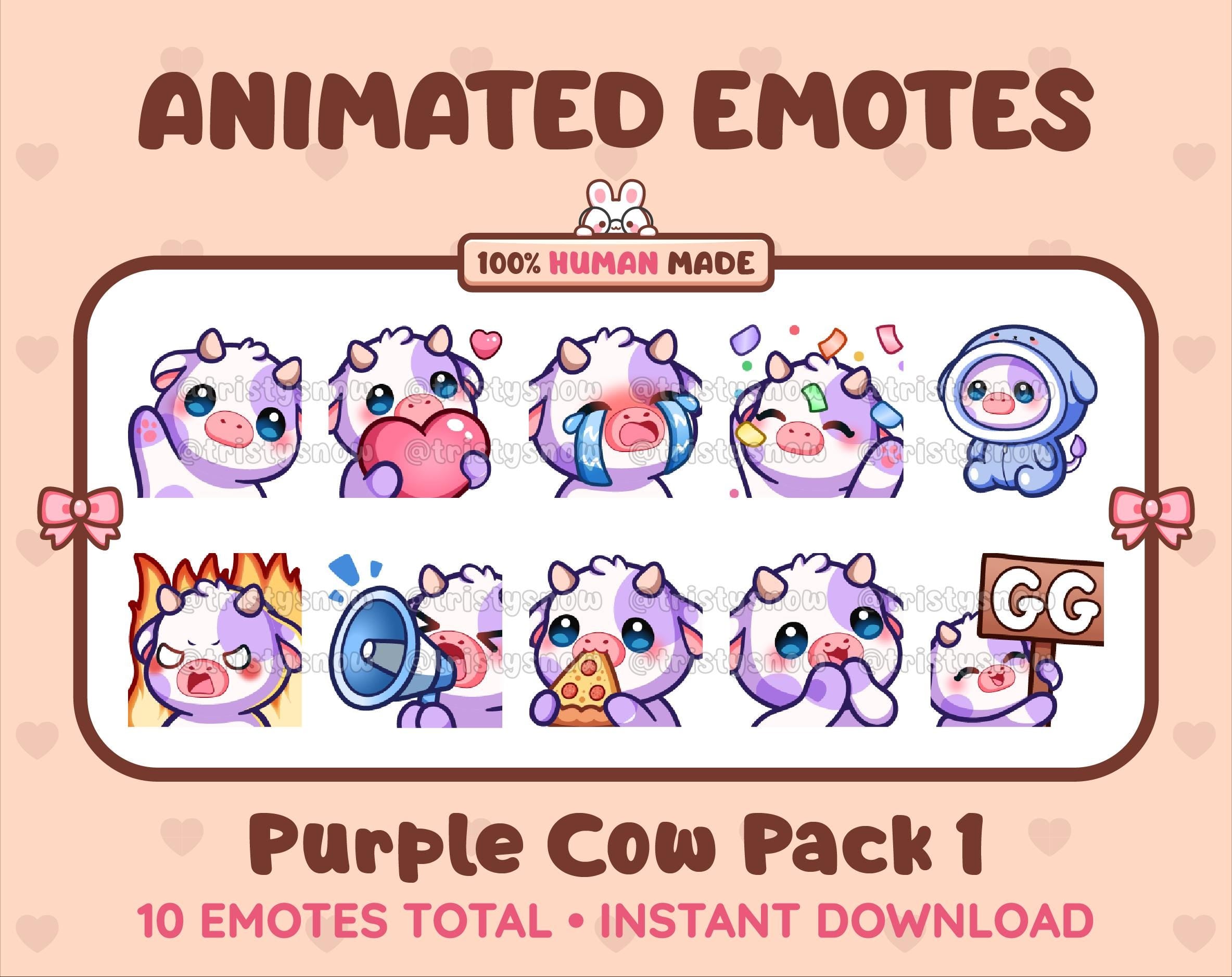 Purple Cow animated Twitch emote pack featuring 10 emotes including GG, angry, cry, and hype.