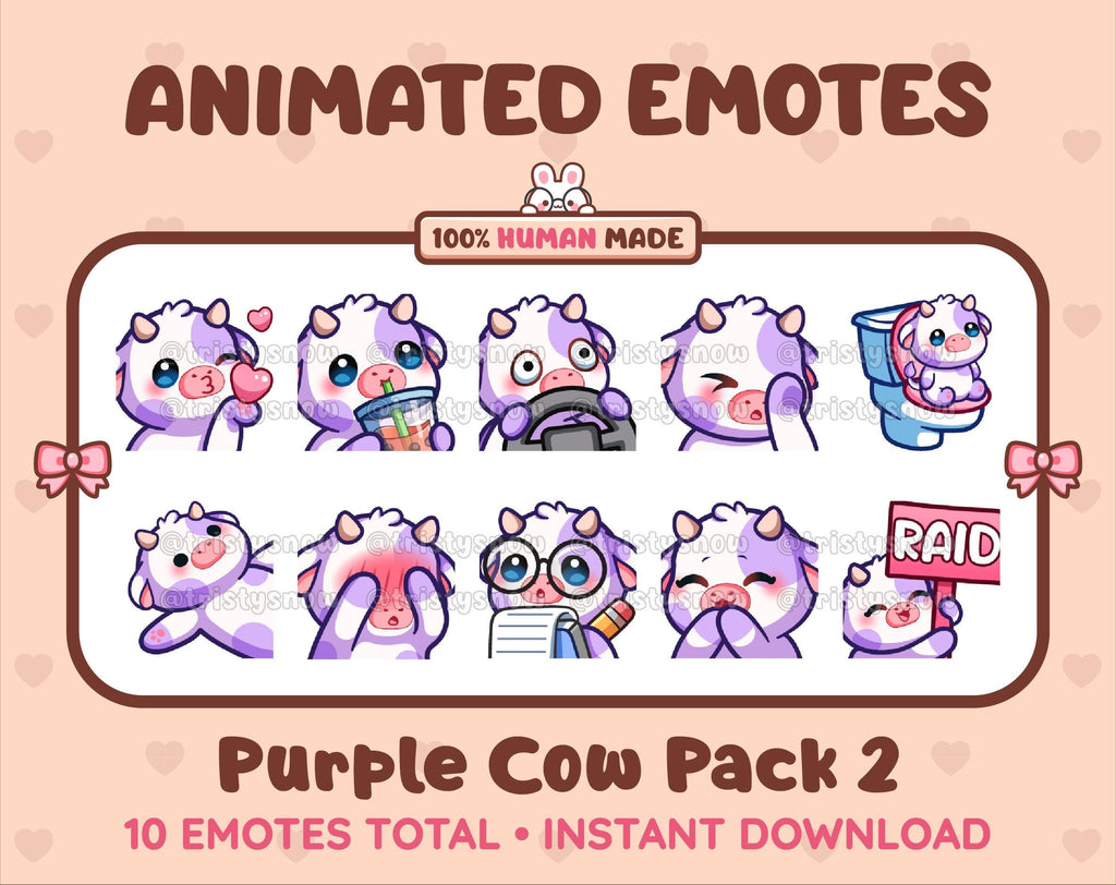 Purple Cow animated Twitch emote pack featuring 10 emotes including kiss, facepalm, shy, and raid.