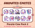 Purple Cow animated Twitch emote pack featuring 10 emotes including kiss, facepalm, shy, and raid.