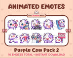 Purple Cow animated Twitch emote pack featuring 10 emotes including kiss, facepalm, shy, and raid.
