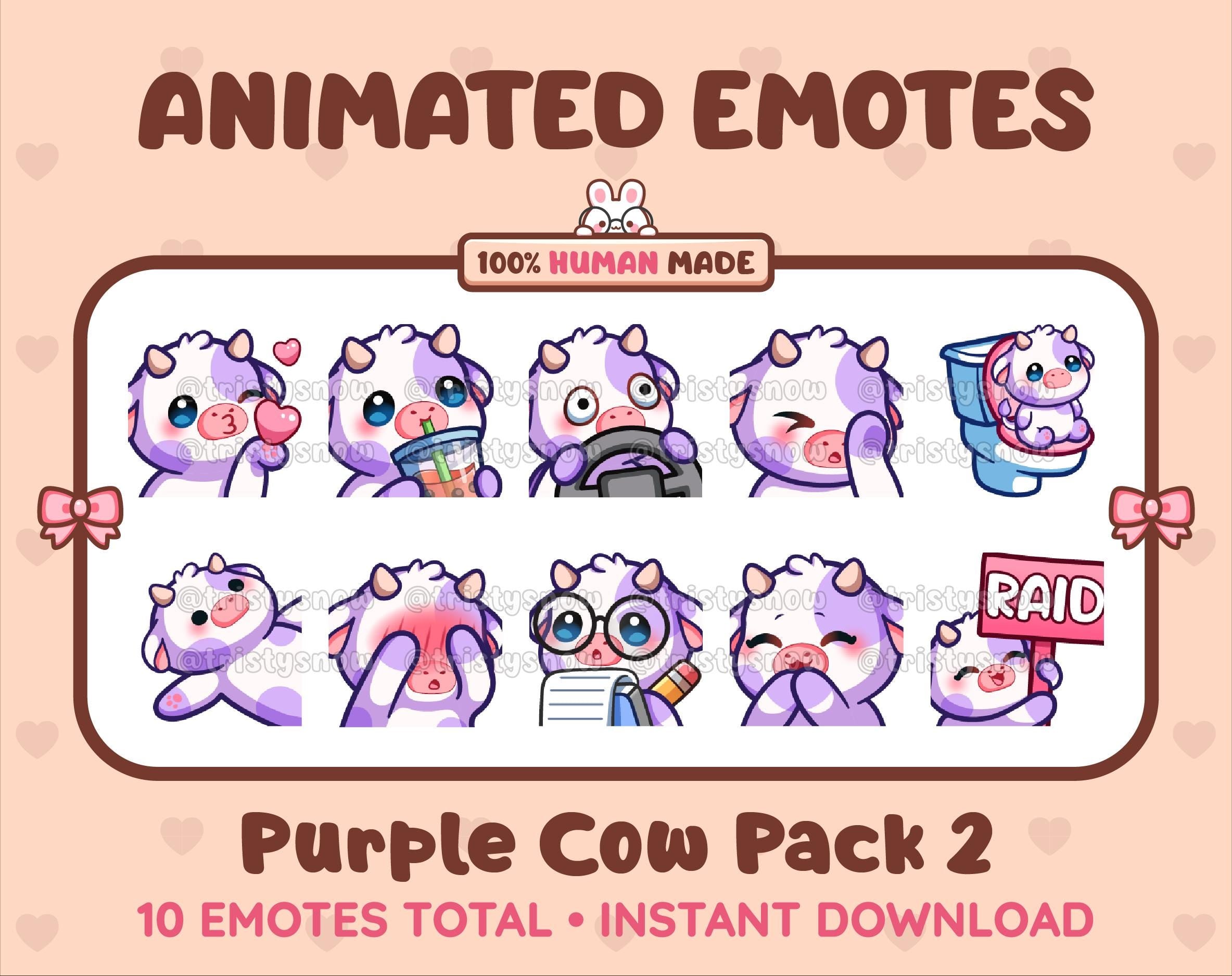Purple Cow animated Twitch emote pack featuring 10 emotes including kiss, facepalm, shy, and raid.
