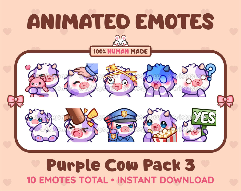 Purple Cow animated Twitch emote pack featuring 10 emotes including hug, scared, bonk, and popcorn.