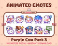 Purple Cow animated Twitch emote pack featuring 10 emotes including hug, scared, bonk, and popcorn.