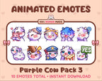 Purple Cow animated Twitch emote pack featuring 10 emotes including hug, scared, bonk, and popcorn.