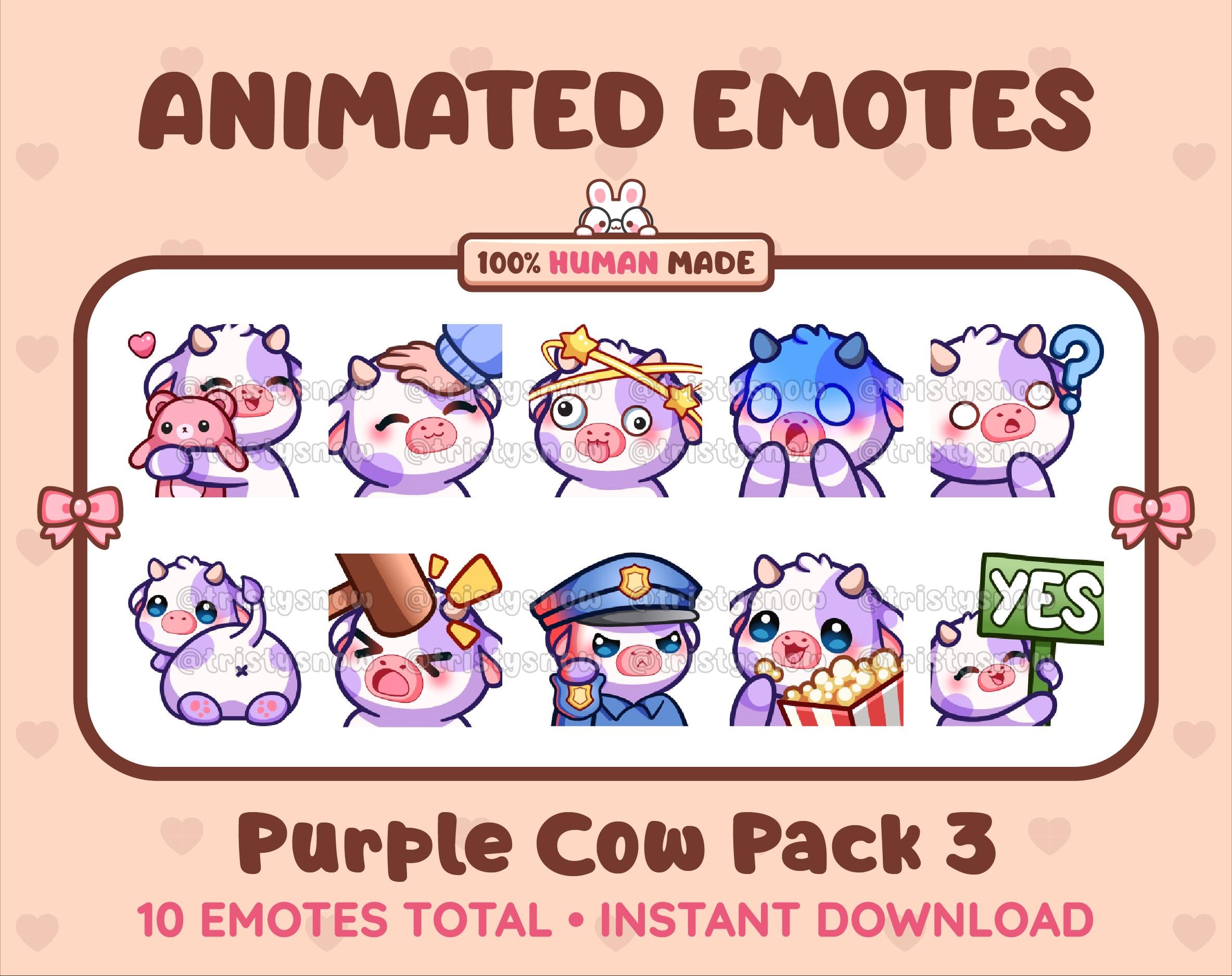 Purple Cow animated Twitch emote pack featuring 10 emotes including hug, scared, bonk, and popcorn.