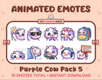 Purple Cow animated Twitch emote pack featuring 10 emotes including flower, cool, plead, and lurk.