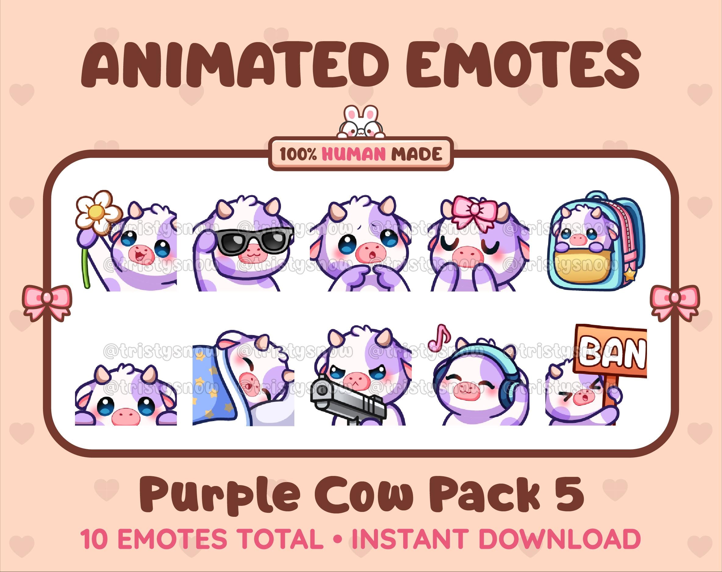 Purple Cow animated Twitch emote pack featuring 10 emotes including flower, cool, plead, and lurk.