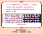 Purple Cow animated Twitch emote mega pack preview displaying all 50 emotes with format and size information.