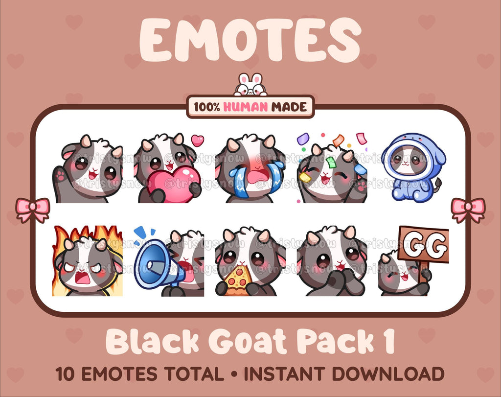 Black Goat Twitch emote pack featuring 10 emotes including GG, angry, cry, and hype.