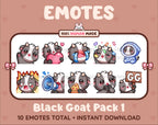 Black Goat Twitch emote pack featuring 10 emotes including GG, angry, cry, and hype.