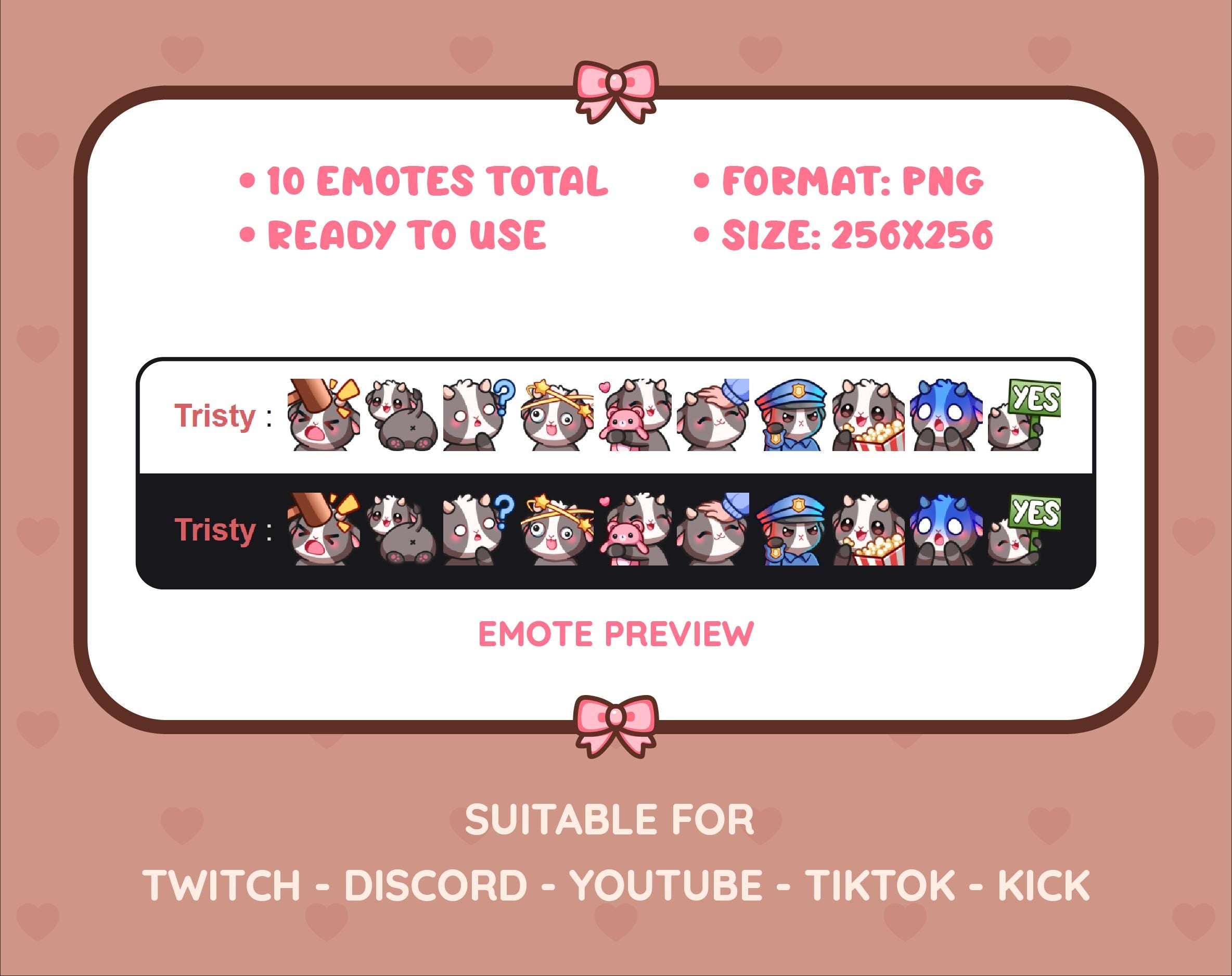 Black Goat Twitch emote pack preview displaying all 10 emotes with format and size information.